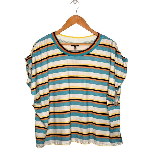 New AFRM Womens Size 3X Jorja Cropped Top Striped Ruched Cap Sleeves Multi - Picture 1 of 9